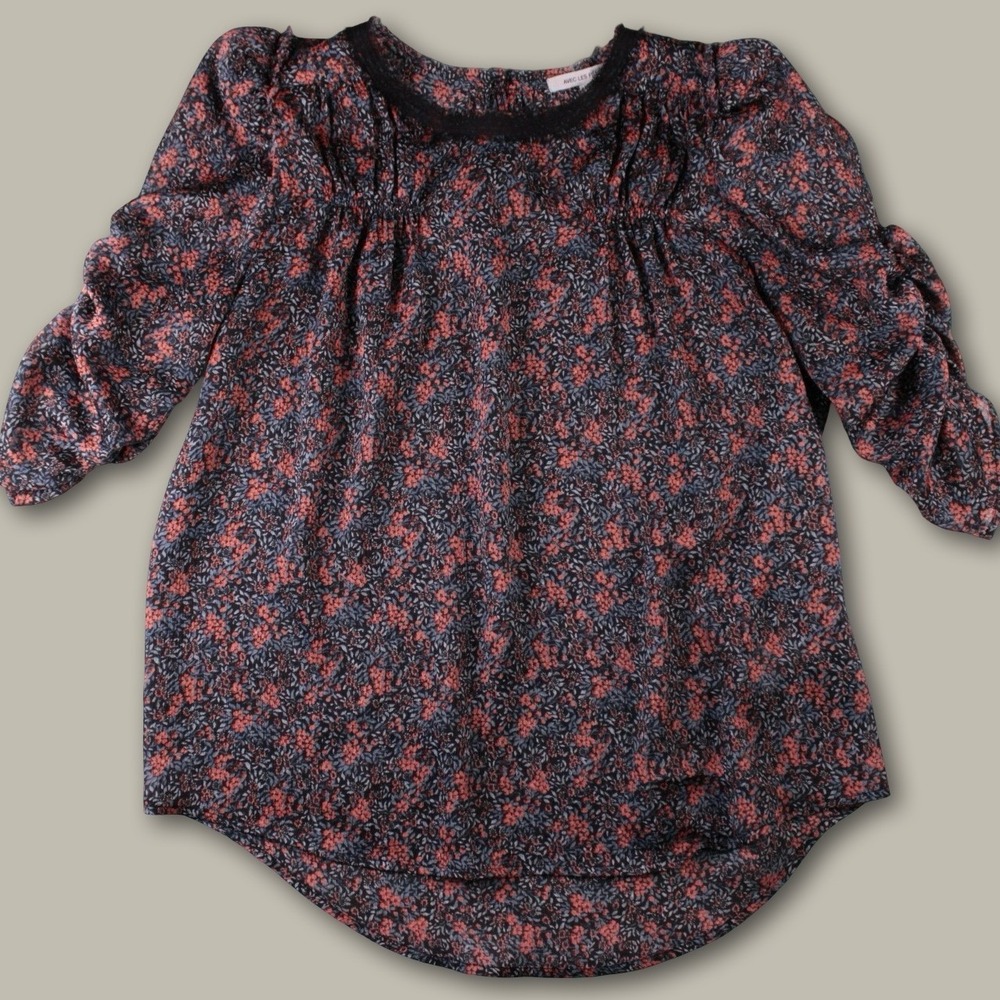 Avec Les Filles Floral Lace Trim Ruched Sleeve Blouse M Navy Coral Boho Chic Top - Picture 1 of 9